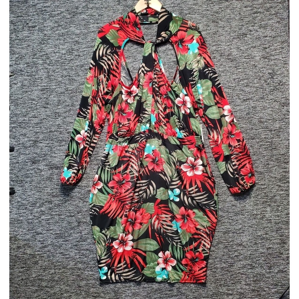 Fashion To Figure Floral Cross Front Dress Womens 2X Black Tropical Long Sleeve